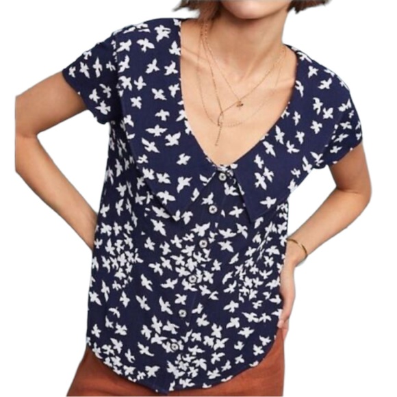 Maeve for Anthropologie Austin Navy and White Bird Print Blouse, size 2 - Picture 1 of 9